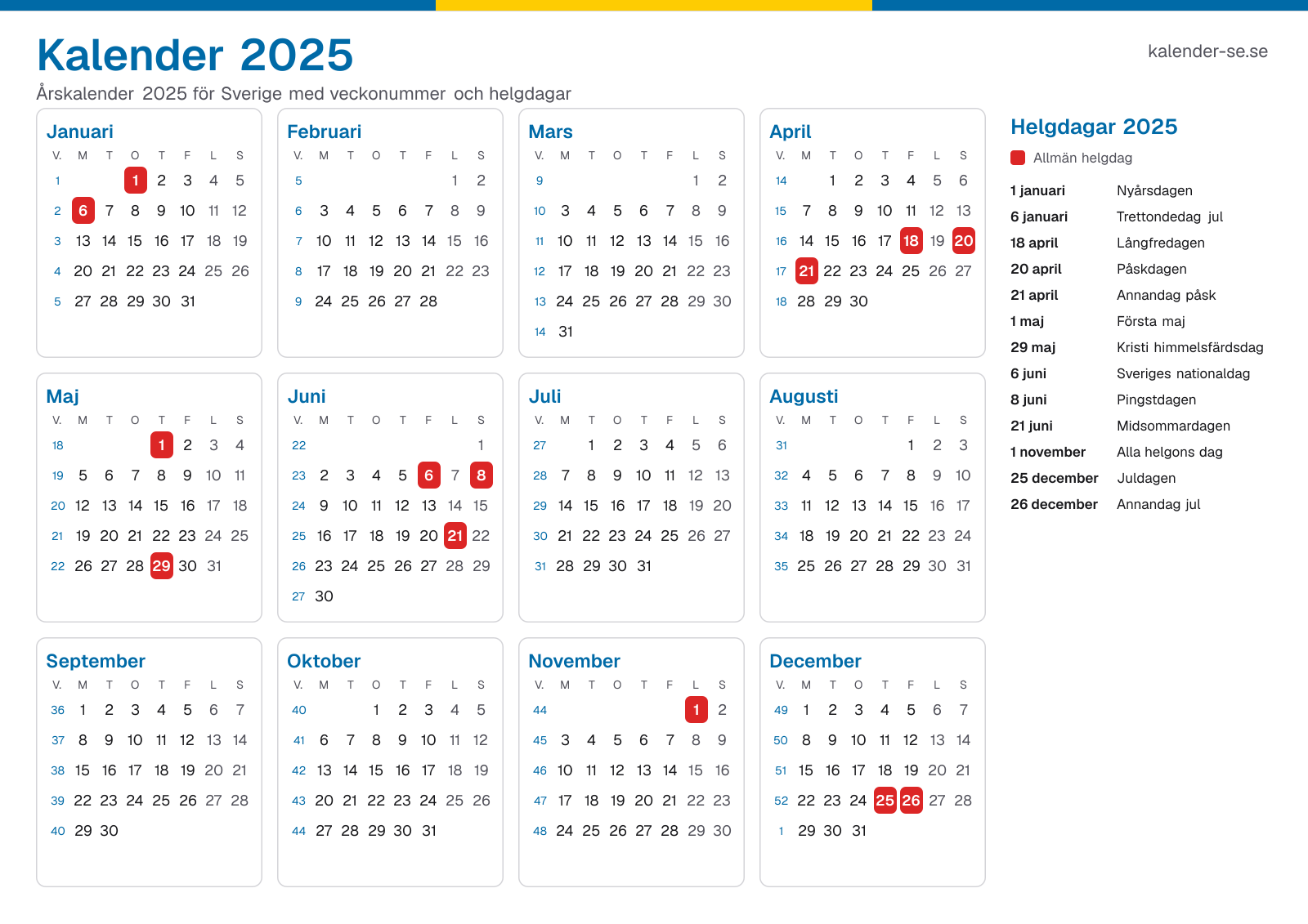 Kalender 2025 med veckonummer och helgdagar