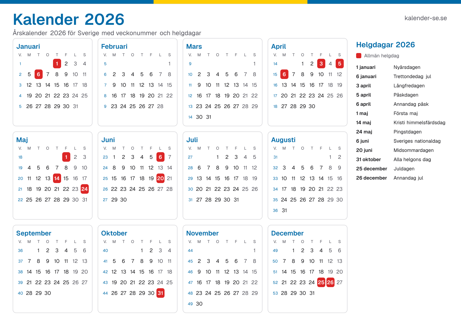 Kalender 2026 med veckonummer och helgdagar