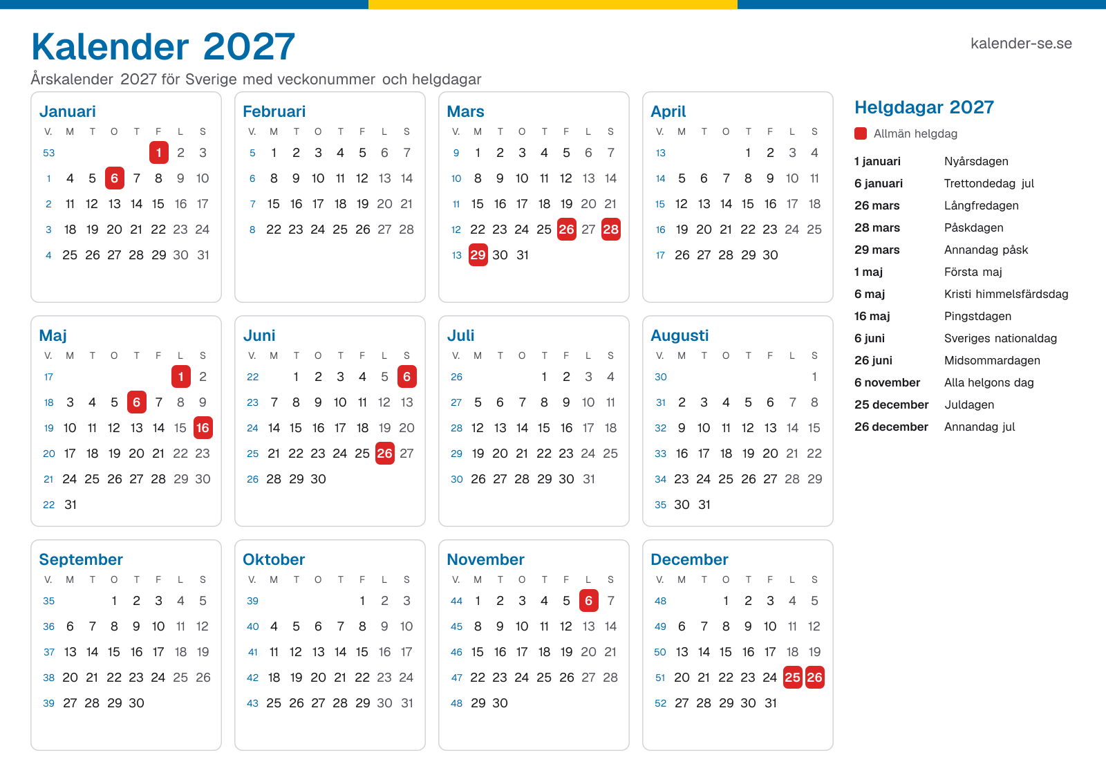 Kalender 2027 med veckonummer och helgdagar