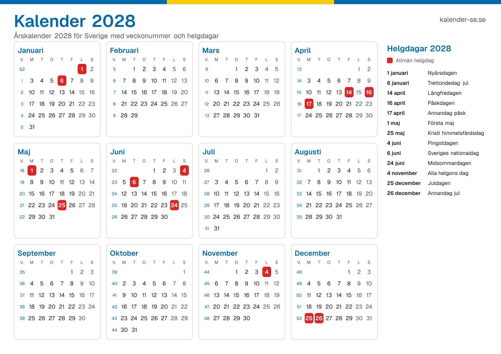 Kalender 2028 med veckonummer och helgdagar