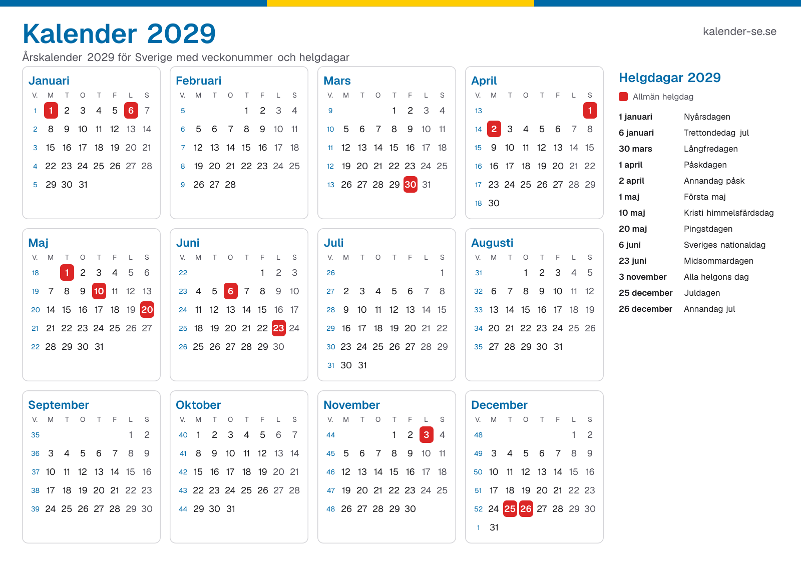 Kalender 2029 med veckonummer och helgdagar