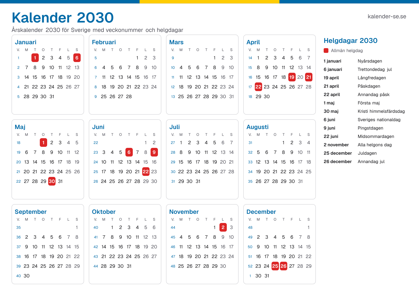 Kalender 2030 med veckonummer och helgdagar