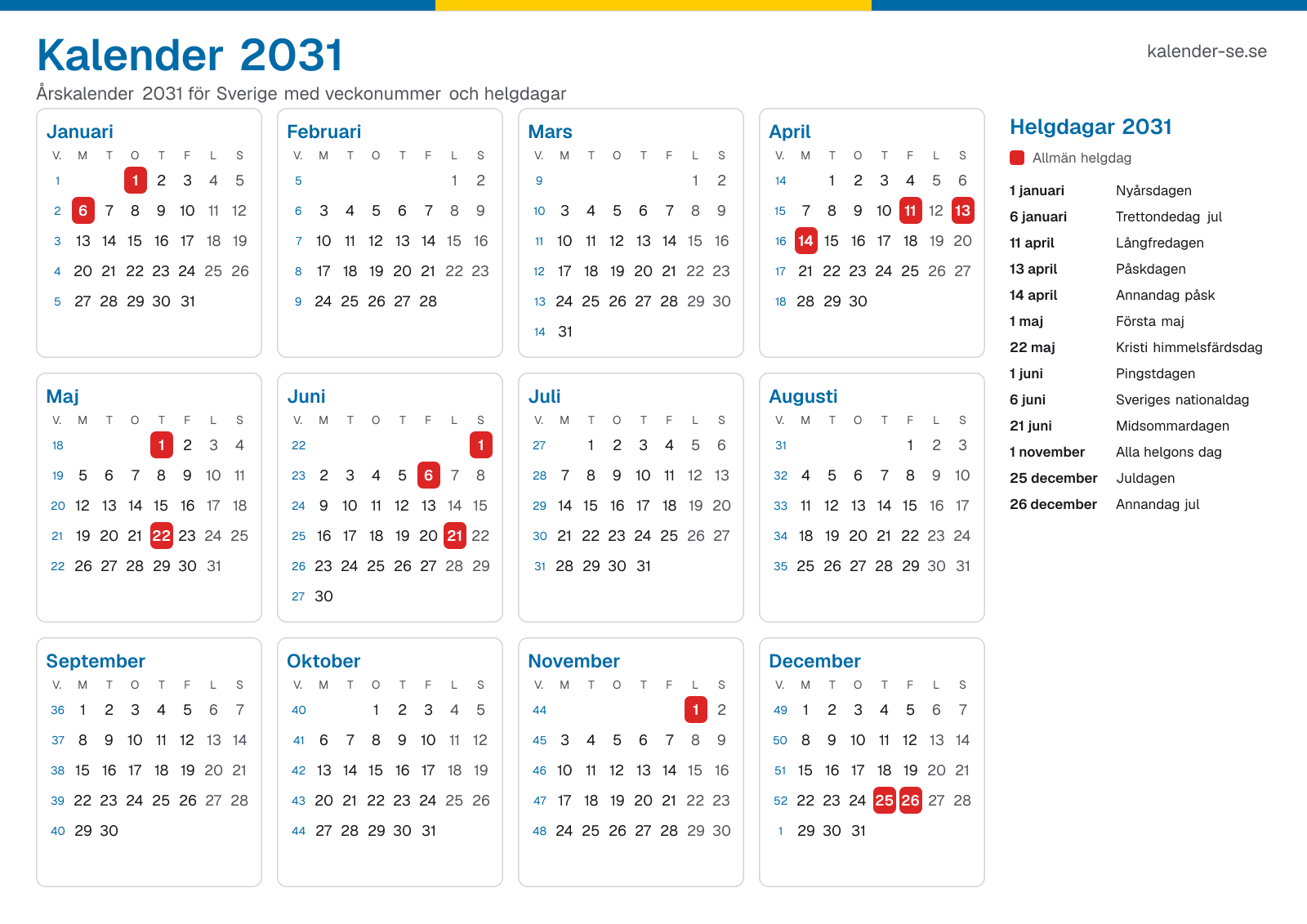 Kalender 2031 med veckonummer och helgdagar
